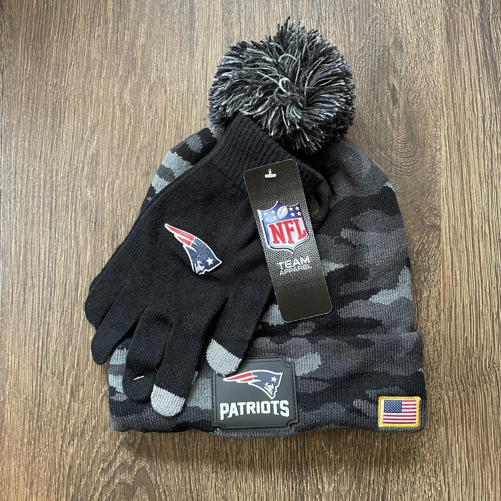 NFL New England Patriots Salute To Service Green Camo Beanie Gloves Set NEW